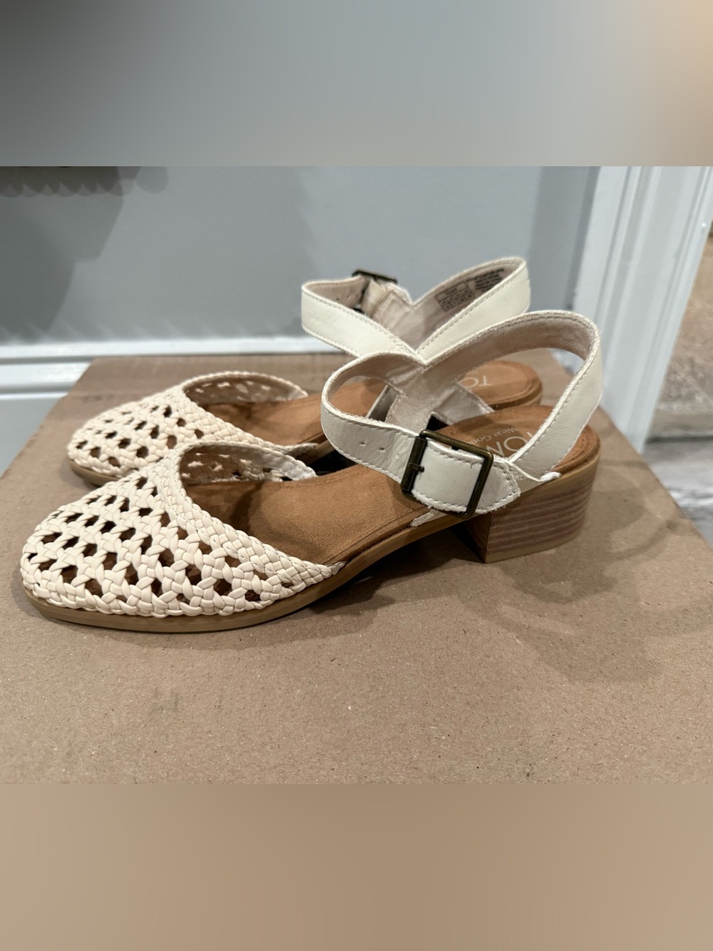 TOMS Jaclyn Cream Woven perforated Mary Jane Basket Leather Sandals